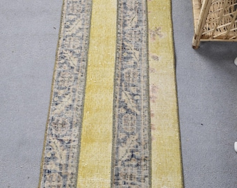 Oushak Vintage Rug, 1.5x4.3 ft Turkish Rug, Yellow Ikat Wool Rug
