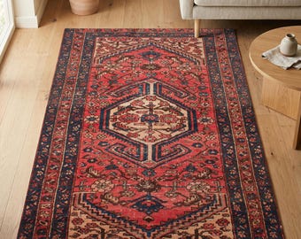 Alfombra con estampado de medallón inspirada en Heriz, color rojo óxido, alfombra de estilo vintage tradicional para sala de estar, decoración clásica para el hogar.