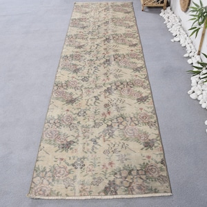 Vintage Turkish Runner Rug, 75x263cm, 2x9ft, Floral Oushak Design, Antique Hallway Rug, Beige Carpet, Handmade Area Rug