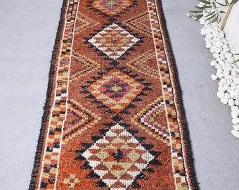 Vintage Runner Rug 2.7x11.6 ft, Brown Moroccan Turkish Wool Rug