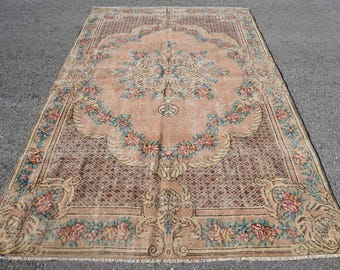 Vintage 5.8x8.9 ft Rug, Oushak Turkish Rug, Beige Patchwork Wool Rug