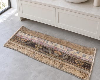 Turkish Vintage Oushak Rug, Beige Colorful Rug and Entryway Rug, 1.4x3.5, Floral Patchwork Design, Narrow Rectangular Accent