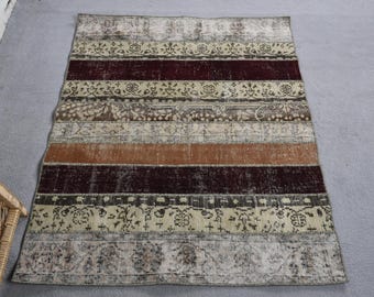 Vintage Turkish Oushak Accent Rug 3.7x4.4 ft, Brown Moroccan Rug Wool