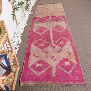 Vintage Turkish Rug, Handmade Wool Runner, Anatolian Herki Rug, 3x9 ft Pink Rug, Bohemian Vintage Decor, Rugs for Hallway, Ethnic Carpet