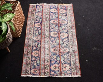 Alfombra turca vintage, alfombra pequeña de 2x3,2 pies, alfombra de patchwork azul y rojo.