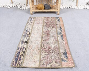 Vintage Rug, 1.8x3.1 ft Small Turkish Rug, Oushak Beige Blue Animal Print Rug