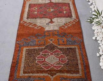 Vintage Turkish Rug 3.2x9.9 ft, Herki Orange Bordered Wool Rug