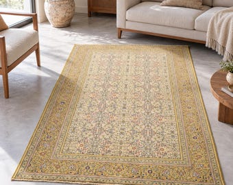 トルコ製ヴィンテージ カイセリ絨毯、黄色の手織り絨毯、4.8x7.1フィート、花柄の伝統的なヴィンテージエリアラグ（リビングルーム用）
