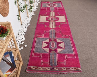 Turkish Runner Rug 2.9x10.8 ft, Red Gray Check Rug Wool