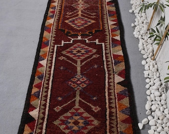 Turkish Runner Rug 2.9x13.3 ft, Red Black Rug Wool