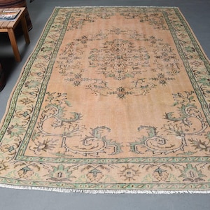 Turkish Rug, 6x9ft Handmade Rug, Vintage Oushak, Living Room Decor, Green Floral Rug, Bedroom Carpet, Antique Turkish Rugs,