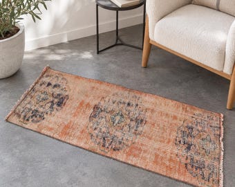 Turkish Oushak Rug, Small Vintage Rug in Orange and Beige Medallion Design, 1.7x4.1, Hand Knotted Accent for Entryway or Bedside