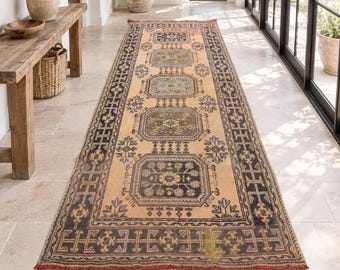 Alfombra Medallion Vintage Sille, alfombra hecha a mano, alfombra ancha beige, 4,3 x 11,8 pies, lana anudada a mano, estilo tradicional turco para pasillo.