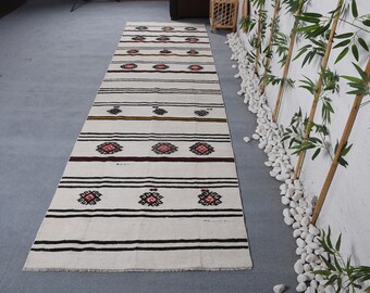 Kilim tapijt, 3,3 x 12,2 ft, vintage tapijt, wit wollen tapijt met bloemenprint