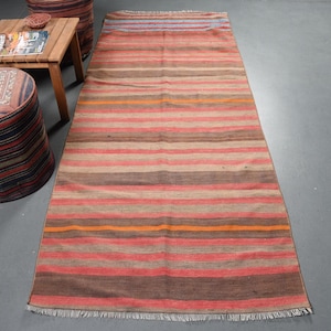 Vintage Turkish Kilim Rug, Handwoven Striped Design, Red and Brown Tones, Area Rug 3x8ft