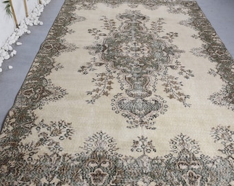 Turkish Vintage Oushak Large Rug 6.3x9.3 ft, Beige Check Rug Wool