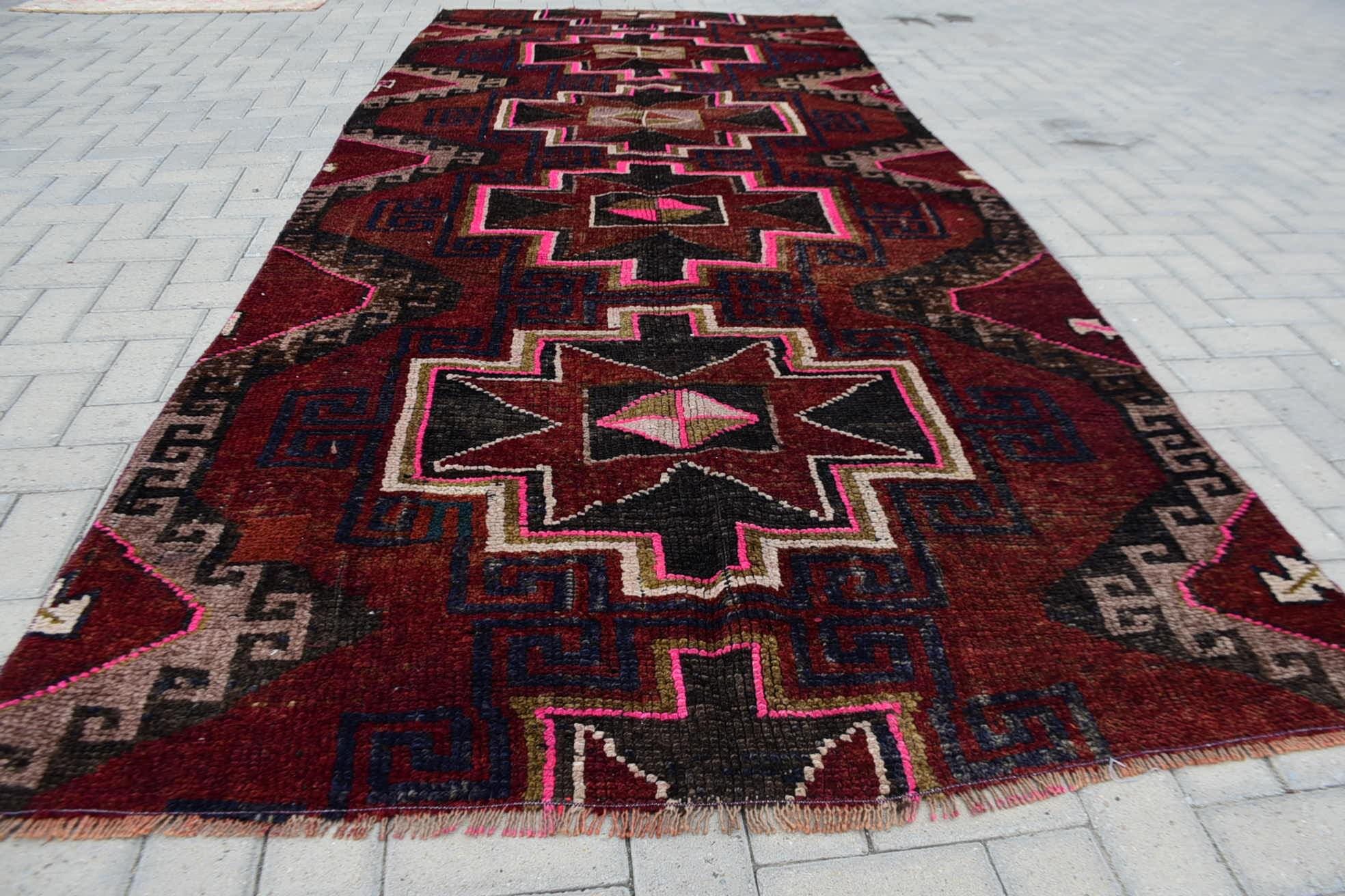 ヴィンテージトルコラグ、手織りアナトリアカーペット、幾何学模様ラグ