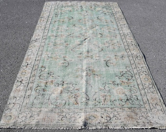 Vintage Turkish Rug, 5.2x8.7 ft Oushak Rug, Green Check Wool Rug