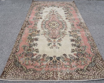 Alfombra grande turca vintage Oushak de 1,65 x 3 metros, color rosa, de lana.