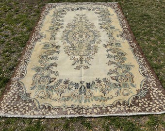 Vintage Turkish Oushak Rug 6x9.3 ft (183x284 cm), Beige Ombré Wool Rug