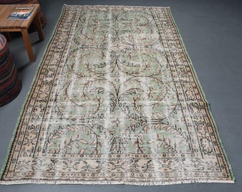 Alfombra grande vintage hecha a mano, alfombra Isparta, alfombra verde y beige, 1,5 x 2,5 m, alfombra floral, alfombra turca anudada a mano.