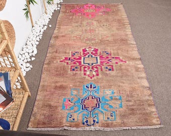 Turkish Rug, 3.6x7.9 ft Area Rug, Brown Animal Print Wool Vintage Rug
