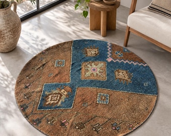 Alfombra Kars vintage de patchwork, redonda, anudada a mano, 13 x 13 metros, marrón, estilo turco vintage tejido a mano.