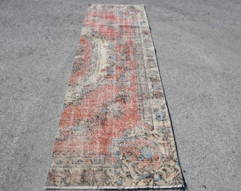 Vintage Rug, Runner 2.9x9 ft Rug, Oushak Red Camouflage Rug