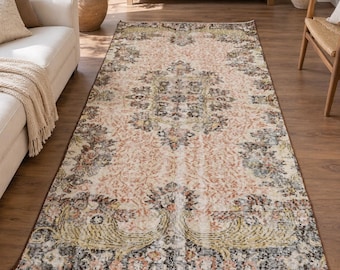 Alfombra vintage Oushak de lana de pelo corto, color beige y marrón, 13 x 274 cm, diseño floral, alfombra turca anudada a mano.