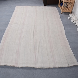 Vintage Turkish Area Rug, 4x7ft, Handwoven Beige Kilim, Minimalist Boho Decor, Natural Fiber Floor Mat