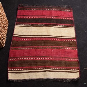 Vintage Turkish Door Mat, 2x3ft, Red and Brown Stripes, Handwoven, Rustic Boho Decor, Accent Rug
