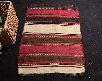 Alfombra pequeña vintage de 60 x 80 cm, alfombra de lana con borde rojo y marrón.