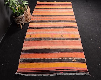 Alfombra de área turca, alfombra vintage de 3,37 x 8 pies, alfombra de lana Kilim naranja