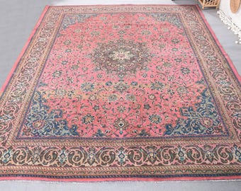 Handmade Turkish Rug,  10x12ft Persian Rug, Vintage Oversize Wool Carpet 291x380cm for Living Room, Pink Oriental Design,