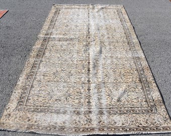 Turkish Vintage Oushak Rug 5.4x9.5 ft (166x291 cm), Beige Floral Wool Rug