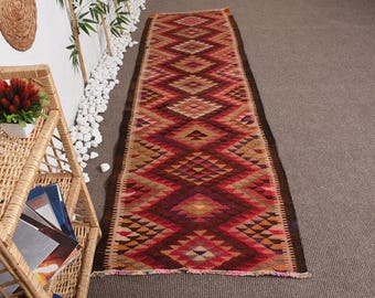 2.8x8.8 ft Vintage Rug, Herki Rug, Red Striped Rug Wool