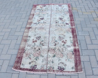 Alfombra turca de 3,2 x 5,8 pies, alfombra decorativa vintage, alfombra de lana con borde beige.