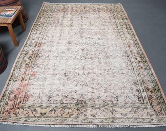 Alfombra tradicional de pelo corto para sala de estar, alfombra Oushak, alfombra beige y marrón, 5.6 x 8.4 pies, anudada a mano turca vintage.