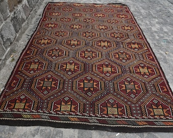 Alfombra turca vintage, alfombra grande de 1,95 x 3 metros, alfombra de lana roja y amarilla.