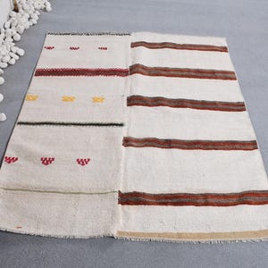 Vintage Turkish Accent Rug, Handwoven, 4x5ft, Beige with Red and Brown Stripes, Unique Home Decor