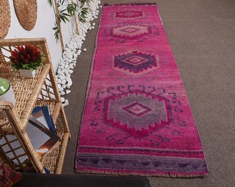 Vintage Turkish Rug 2.9x10.1 ft (88x307 cm), Herki Pink Wool Rug