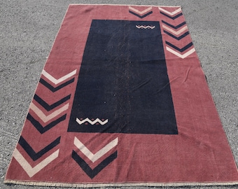 Alfombra vintage, área de 4.7 x 7 pies, alfombra turca, alfombra de lana con plantas y árboles rojos y negros.