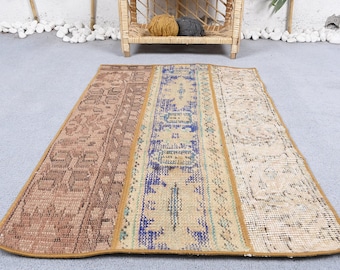2x3 ft Small Turkish Vintage Rug, Brown Striped Wool Rug