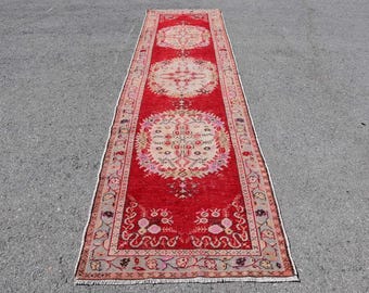 Vintage Runner Carpet, Turkish Rug, Red Hallway Rug, 3x12ft, Bohemian Corridor Carpet, Antique Turkish Carpet, Rustic Home Decor Rug