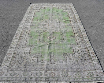 Turkish Vintage Rug, 5.3x9.4 ft Oushak Rug, Green Large Striped Rug