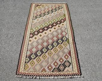 Turkish Rug, 3.2x6 ft Vintage Rug, Beige Red Polka dot Wool Rug