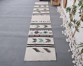 Vintage 1.8x8.6 ft Rug, Runner Turkish Rug, White Black Striped Rug