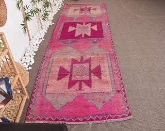 Turkish Vintage Rug, 3.37x11 ft Herki Rug, Pink Ikat Wool Rug