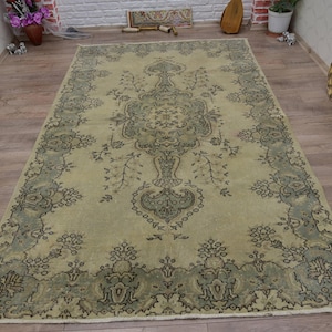 Vintage Turkish Rug, Elegant Floral Design, Soft Green and Beige Colors, 5x9ft, Traditional Area Carpet, Home Decor