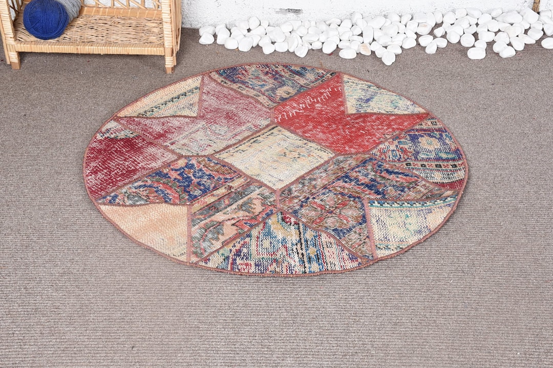 3.3x3.3 Ft Round Turkish Rug, Red Floral Vintage Rug - Etsy
